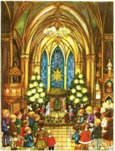 Nostalgischer Adventskalender / Weihnachtskalender für Kinder und Erwachsene mit Bildern und Glitzer „In der Kirche“