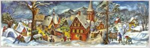 Nostalgischer Adventskalender / Weihnachtskalender mit Bildern und Glimmer „Kleines Dorf im Winter“