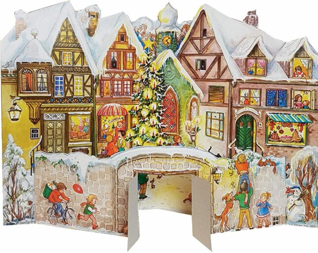 Nostalgischer Adventskalender / Weihnachtskalender mit Bildern und Glimmer „An der Stadtmauer“