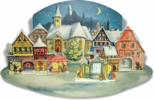 Papier Adventsalender „Kleine Stadt im Mondschein“, nostalgischer Weihnachtskalender für Erwachsene und Kinder.